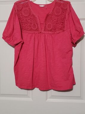 Kaktus Pink Lace Yoke Short Sleeve Top Blouse